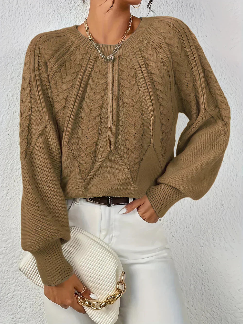 Women's Cable Knit Sweater | Crew Neck & Long Sleeve