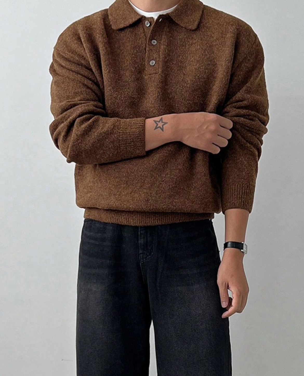 Women's Knit Sweater Polo Collar Ribbed Cuffs with Button Plackets