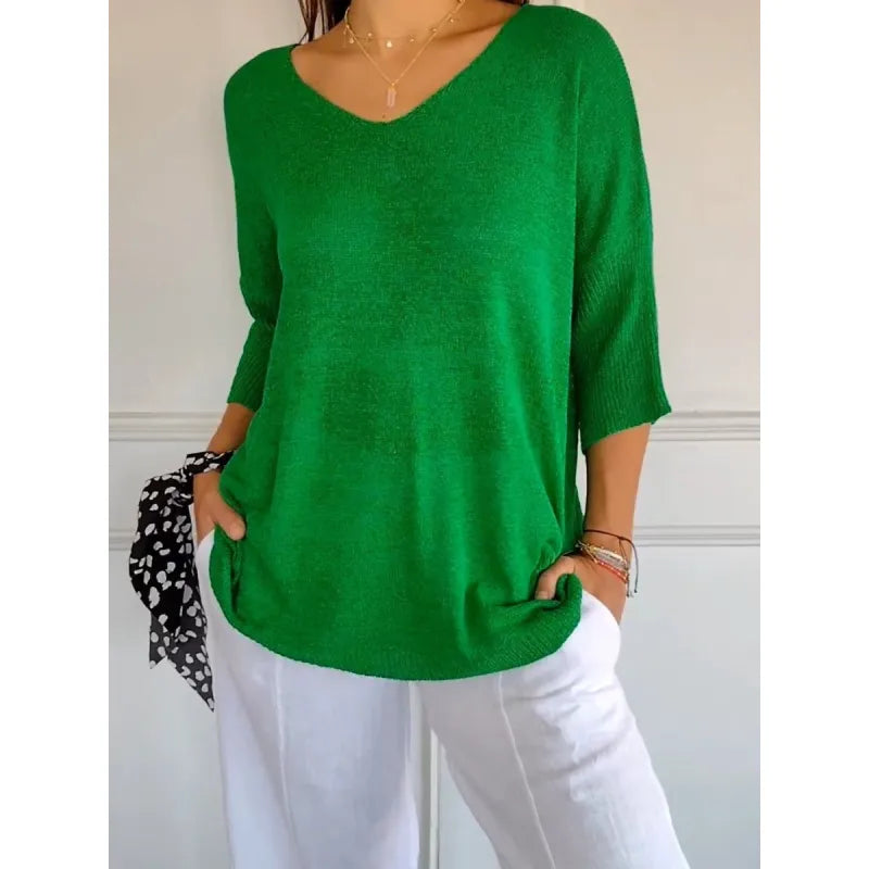 Women's V-Neck Oversized Knit Top | Half-Sleeve & Relaxed Fit
