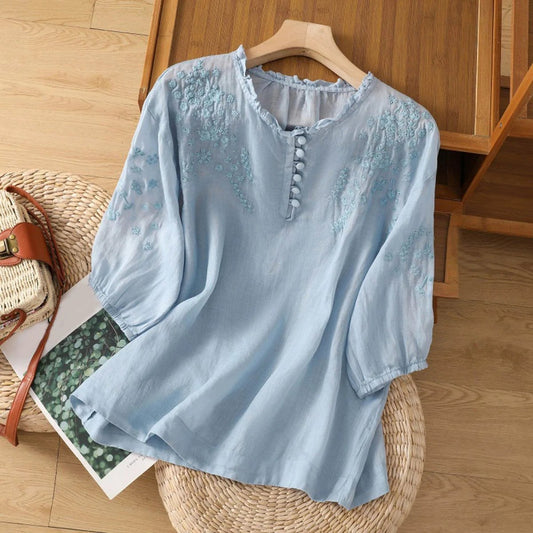 Blouse | Bohemian Floral Embroidered Ruffle Neck