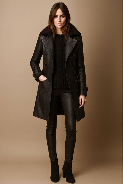 Chic Black Faux Leather Trench Coat for Stylish Occasions