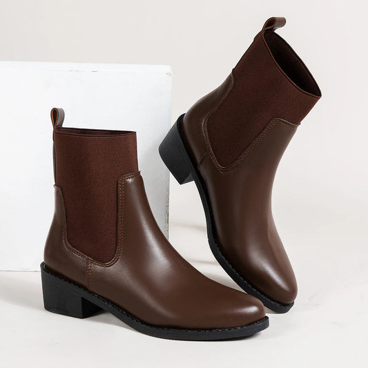 Women's Chelsea Boots Pointed Toe Chunky Heel Pull On with Sewn Thread