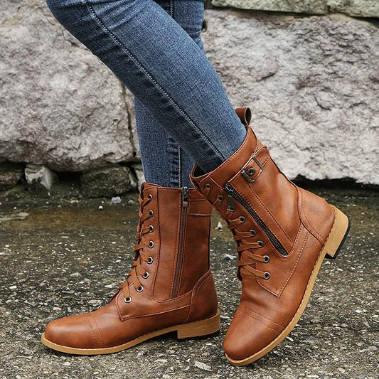 Women's Ankle Boots Low Block Heel Round Toe Lace Up with Front Lacing