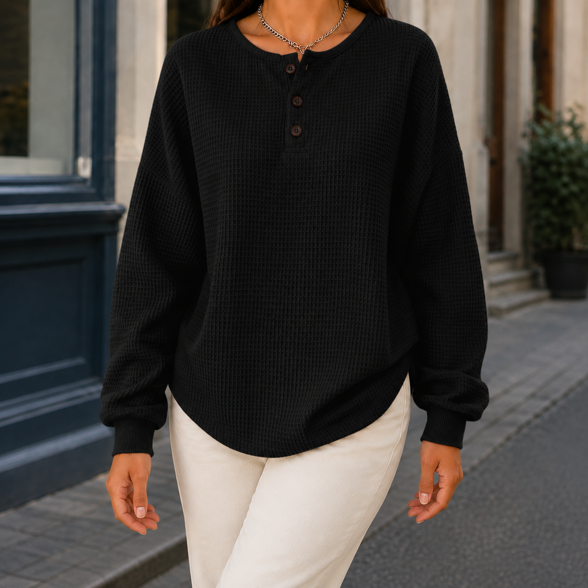 Women's Sweater Oversized Henley Neckline Curved Hem with Ribbed Cuffs