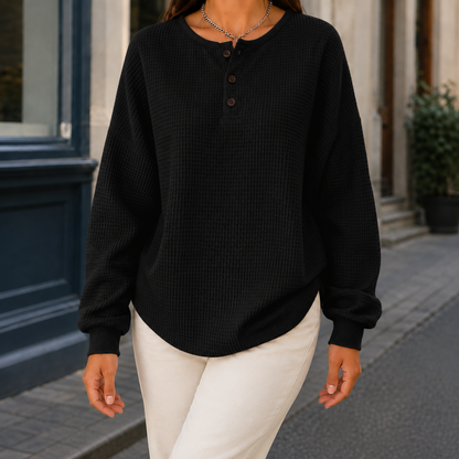 Women's Sweater Oversized Henley Neckline Curved Hem with Ribbed Cuffs