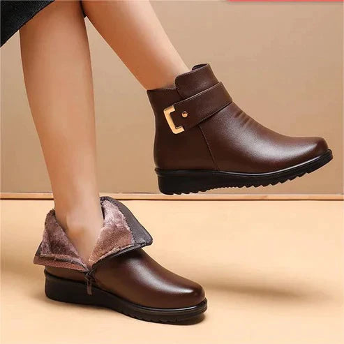 Women's Winter Boots Round Toe Side Zip Flat Sole with Buckle Strap