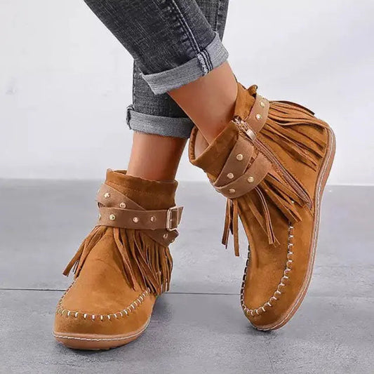 Women's Boots Fringe Buckle Flat Round Toe Ankle with Rivet Detail