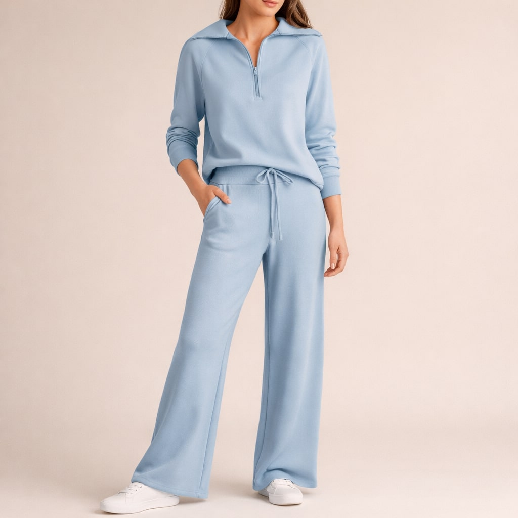 Women's Coordinated Lounge Set Half Zip Top Wide Leg with Drawcord 7
