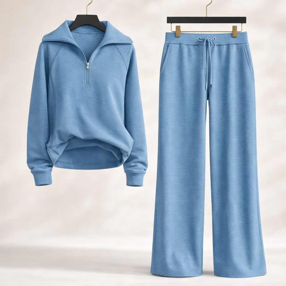 Women's Coordinated Lounge Set Half Zip Top Wide Leg with Drawcord 3