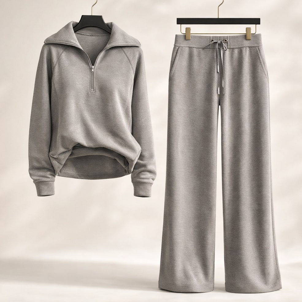 Women's Coordinated Lounge Set Half Zip Top Wide Leg with Drawcord 5