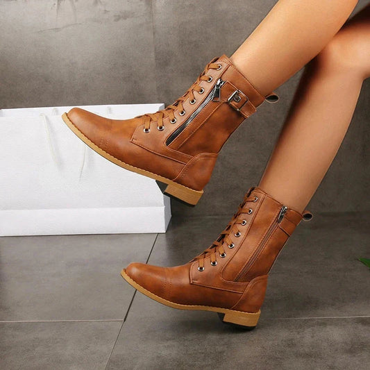 Women's Combat Boots Lace Up Mid Calf Side Zip with Buckle Accents