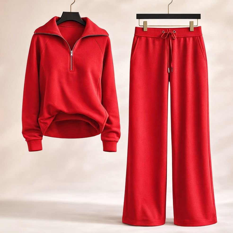 Women's Coordinated Lounge Set Half Zip Top Wide Leg with Drawcord 1