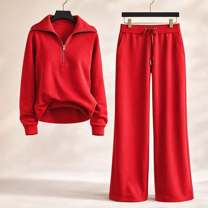 Women's Coordinated Lounge Set Half Zip Top Wide Leg with Drawcord 1
