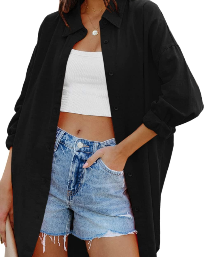 Women's Long Sleeve Blouse Oversize Button Front with Side Pockets