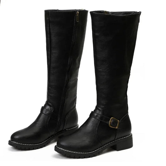 Women's Ankle Boots High Top Round Toe Chunky Heel with Belt Buckle