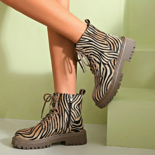 Women's Ankle Boots Lace Up Animal Print Ridged Sole with Side Zip