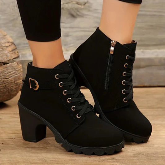 Women's Ankle Boots Lace Up Chunky Heel Side Zip with Buckle Detail