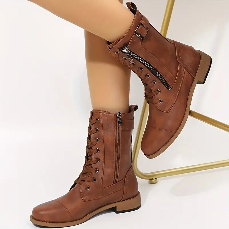 Women's Ankle Boots Low Cut Round Toe Flat Heel with Zip Up Closure