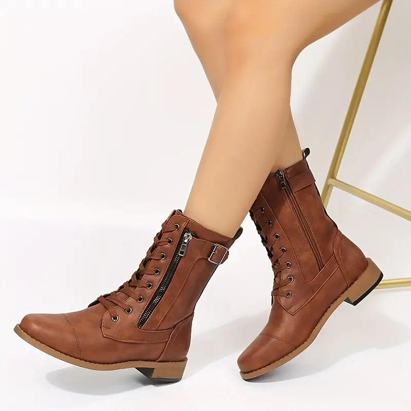 Women's Ankle Boots Low Cut Round Toe Flat Heel with Zip Up Closure
