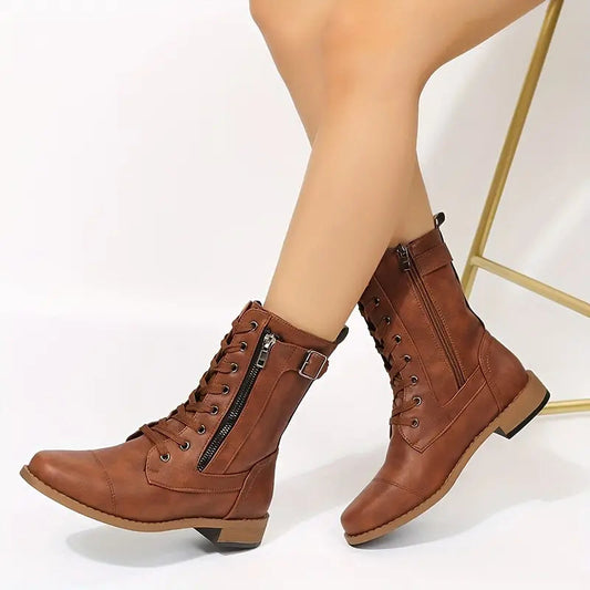 Women's Ankle Boots Low Cut Round Toe Flat Heel with Zip Up Closure