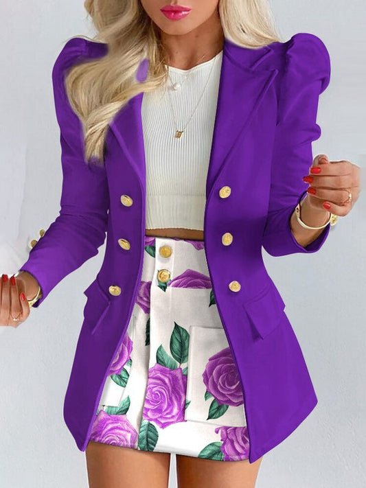Women's Blazer Co Ord Set Tailored Floral Print with Fitted Midi Skirt