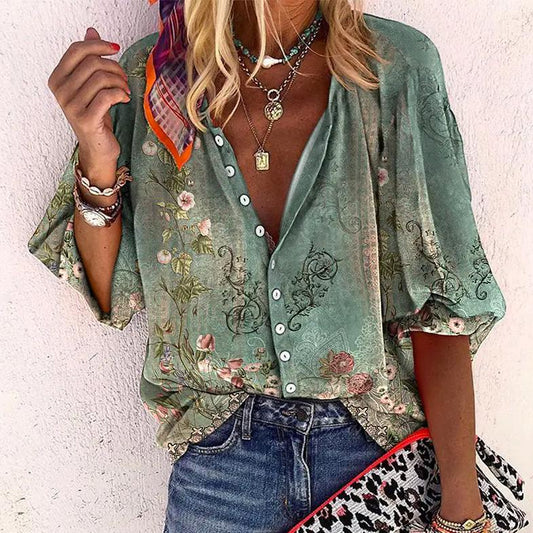 Women's Blouse | Faded Floral Print Blouson Sleeve Top