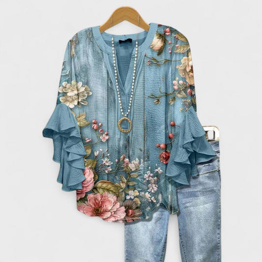 Women's Blouse | Floral Print with Tiered Ruffle Sleeves