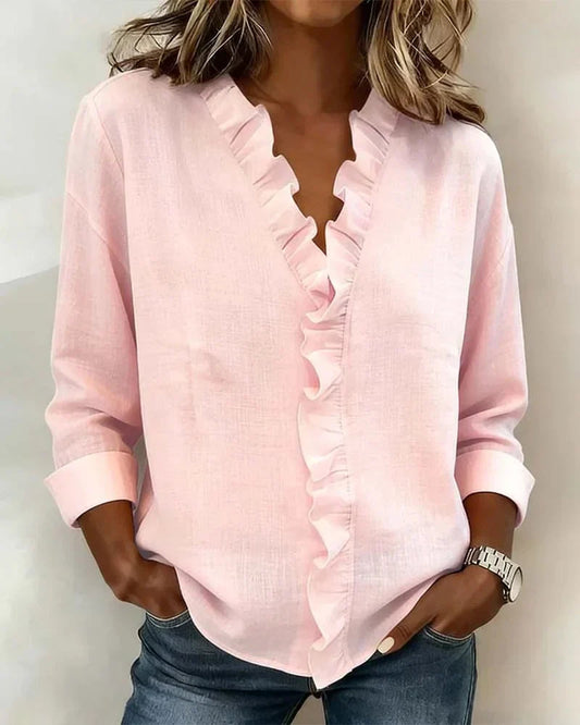 Women's Blouse | Ruffle Trim V-Neck with Turn-Back Cuffs