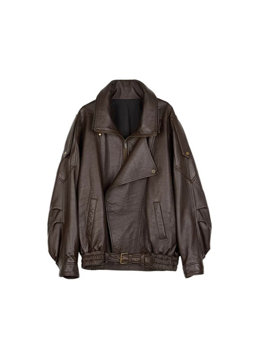 Women's Bomber Jacket Oversized Asymmetrical Zip with Belted Waist