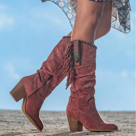 Women's Boots High Tube Fringe Slip On Round Toe with Mid Block Heel