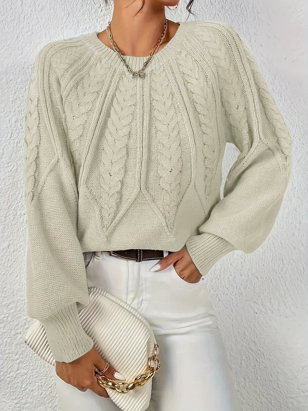 Women's Cable Knit Sweater | Crew Neck & Long Sleeve