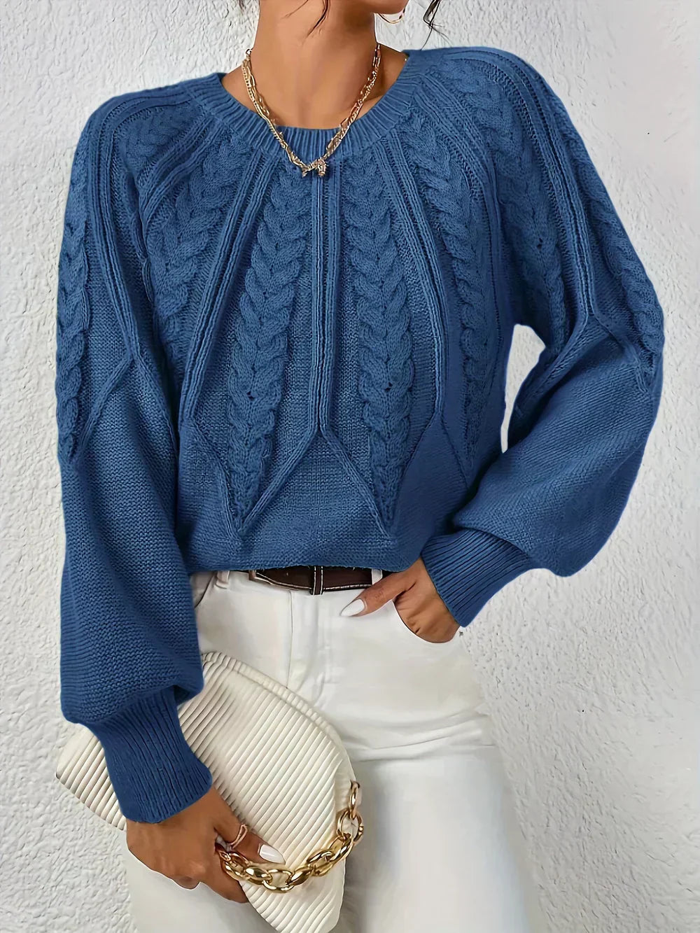 Women's Cable Knit Sweater | Crew Neck & Long Sleeve