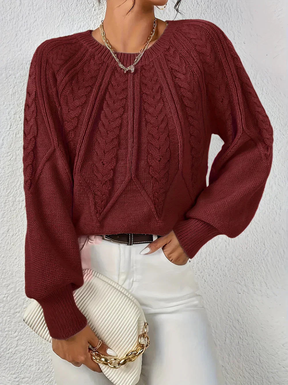 Women's Cable Knit Sweater | Crew Neck & Long Sleeve