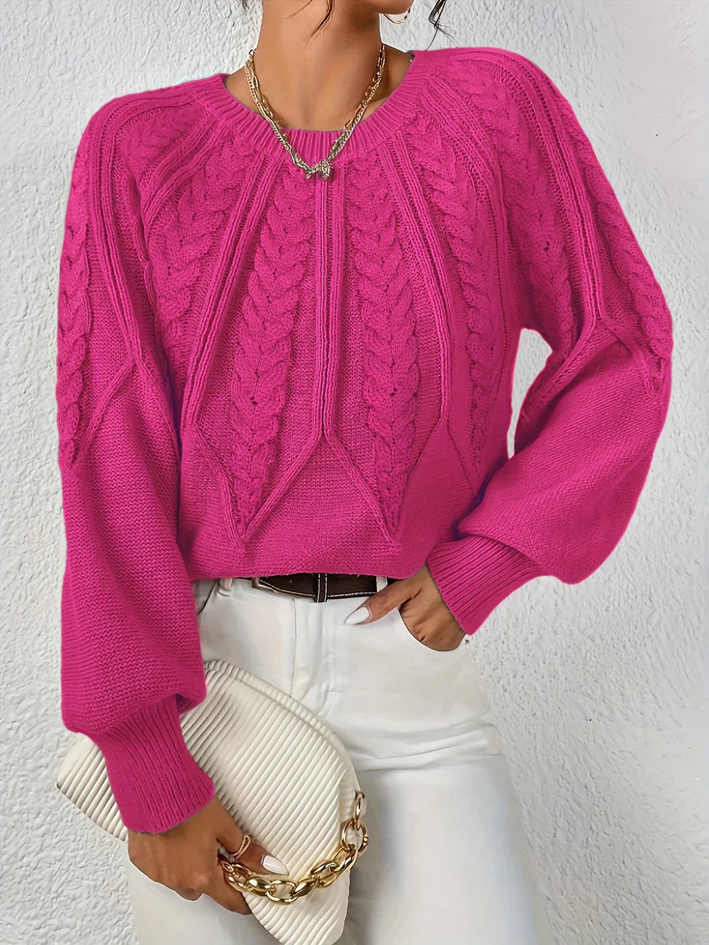 Women's Cable Knit Sweater | Crew Neck & Long Sleeve