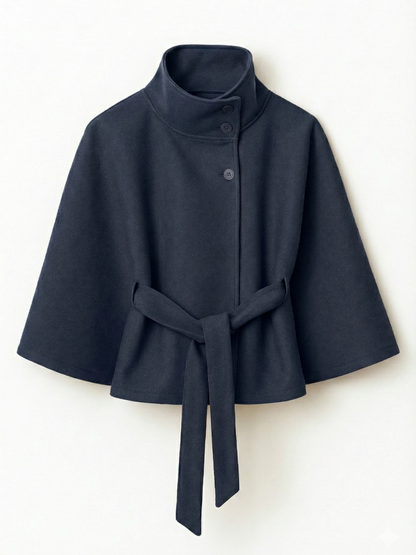 Women's Cape Coat High Neck Poncho Style Midi Loose Fit with Belt Tie