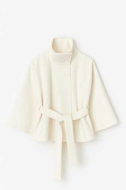 Women's Cape Coat High Neck Poncho Style Midi Loose Fit with Belt Tie