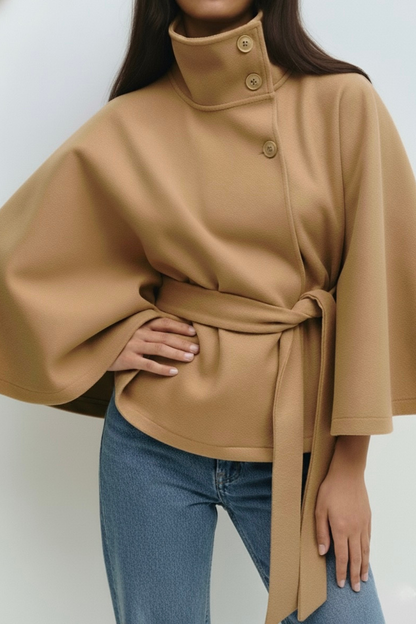 Women's Cape Coat High Neck Poncho Style Midi Loose Fit with Belt Tie