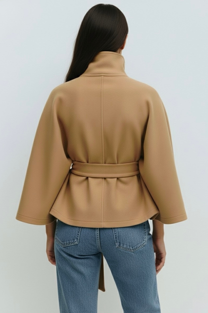 Women's Cape Coat High Neck Poncho Style Midi Loose Fit with Belt Tie