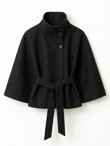 Women's Cape Coat High Neck Poncho Style Midi Loose Fit with Belt Tie