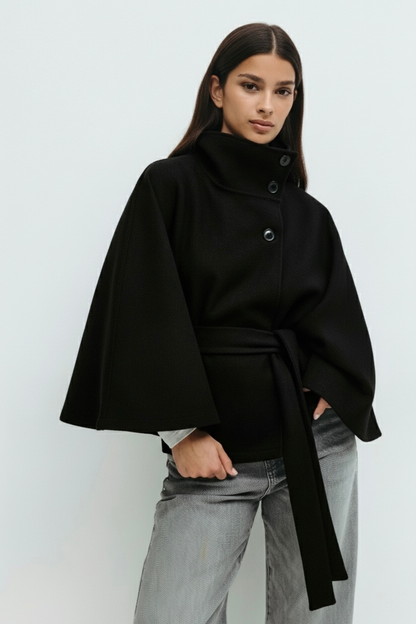 Women's Cape Coat High Neck Poncho Style Midi Loose Fit with Belt Tie