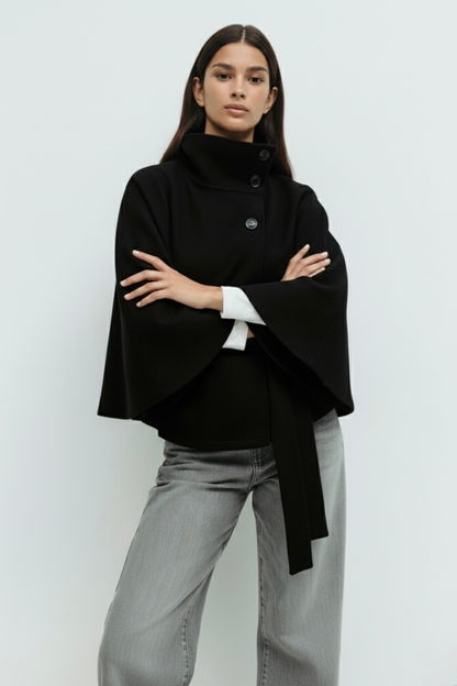 Women's Cape Coat High Neck Poncho Style Midi Loose Fit with Belt Tie