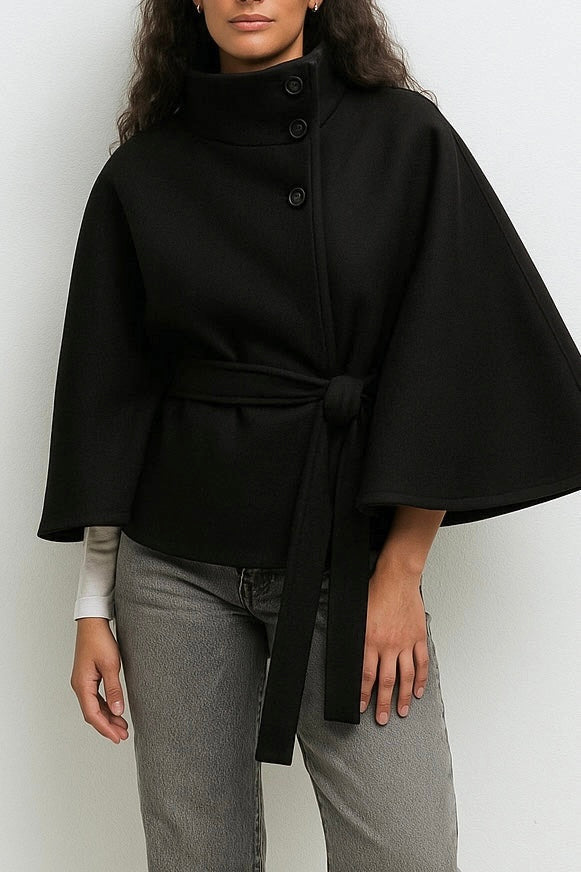 Women's Cape Coat High Neck Poncho Style Midi Loose Fit with Belt Tie