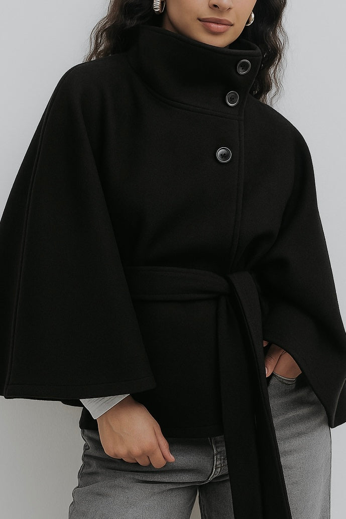 Women's Cape Coat High Neck Poncho Style Midi Loose Fit with Belt Tie