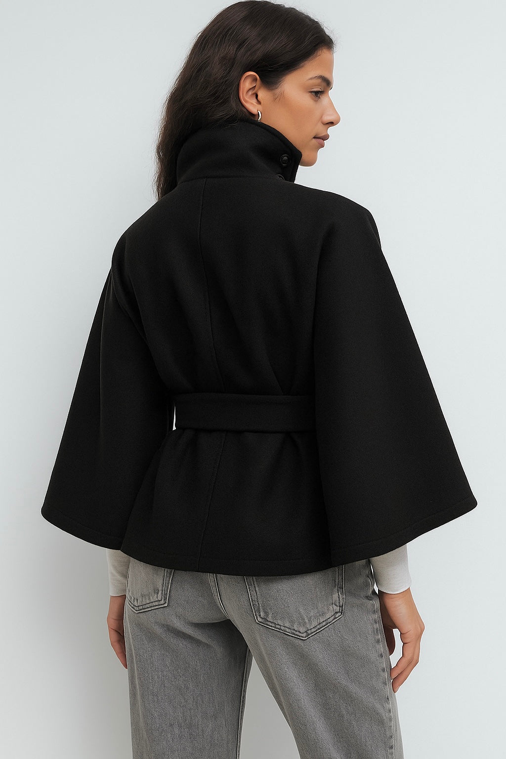 Women's Cape Coat High Neck Poncho Style Midi Loose Fit with Belt Tie