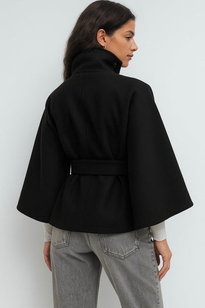 Women's Cape Coat High Neck Poncho Style Midi Loose Fit with Belt Tie