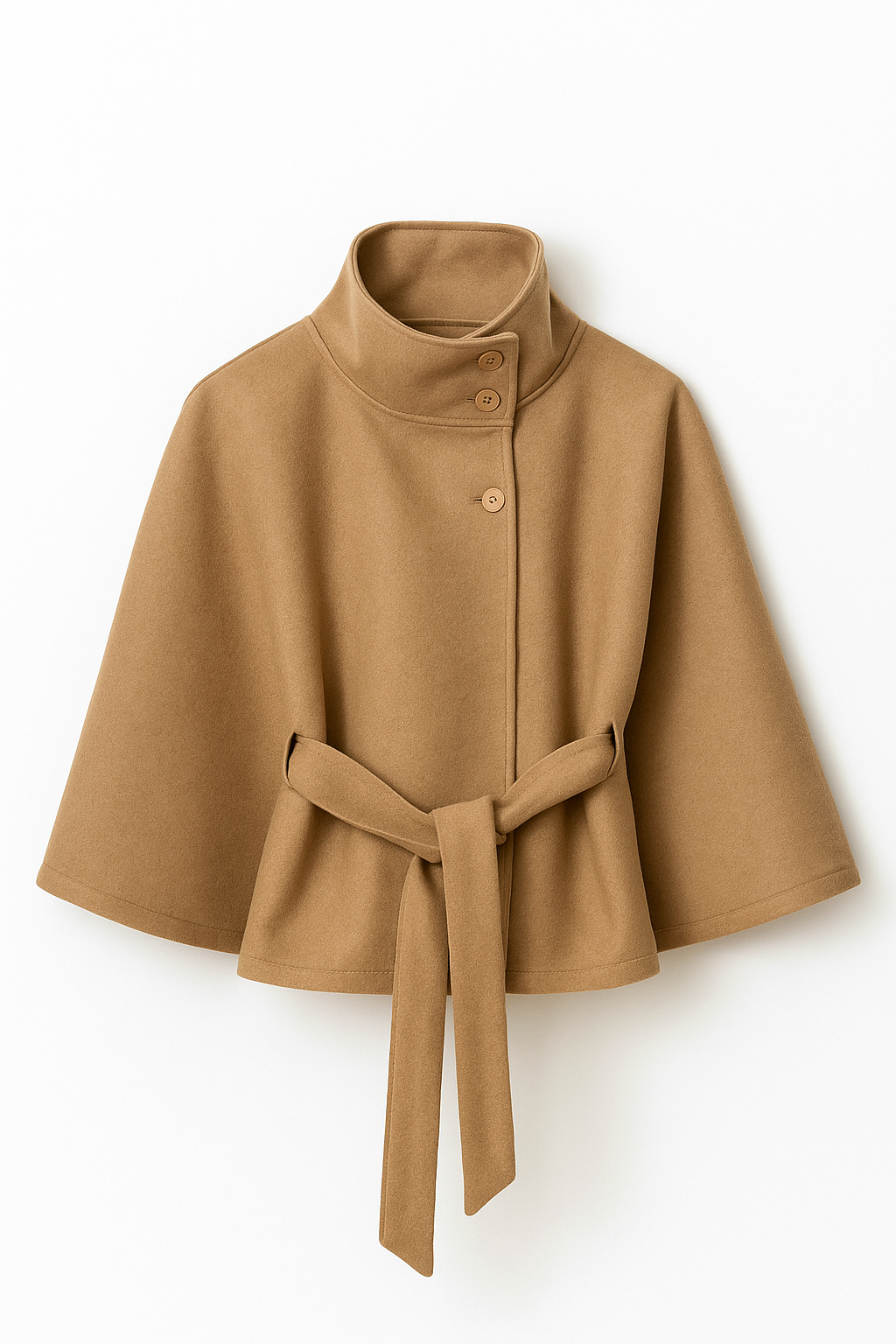 Women's Cape Coat High Neck Poncho Style Midi Loose Fit with Belt Tie