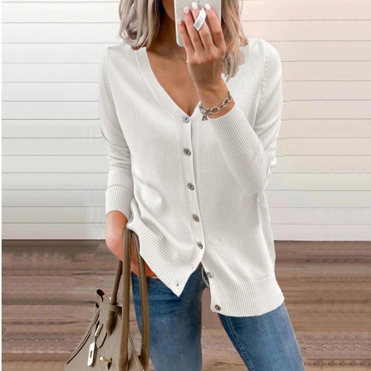 Women's Cardigan V-Neck | Button Front & Ribbed Trim