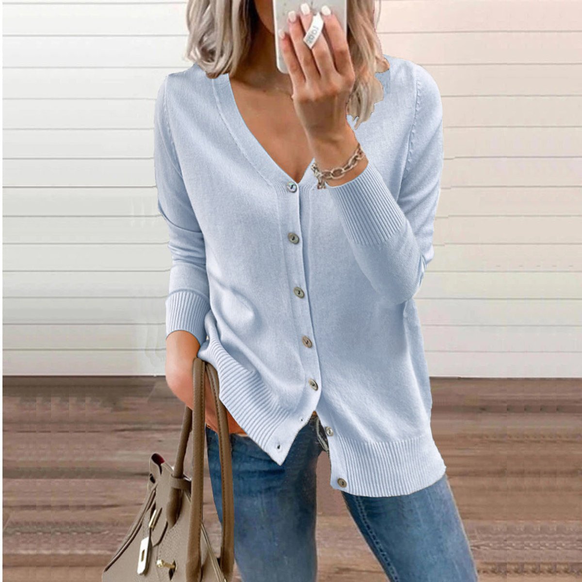Women's Cardigan V-Neck | Button Front & Ribbed Trim