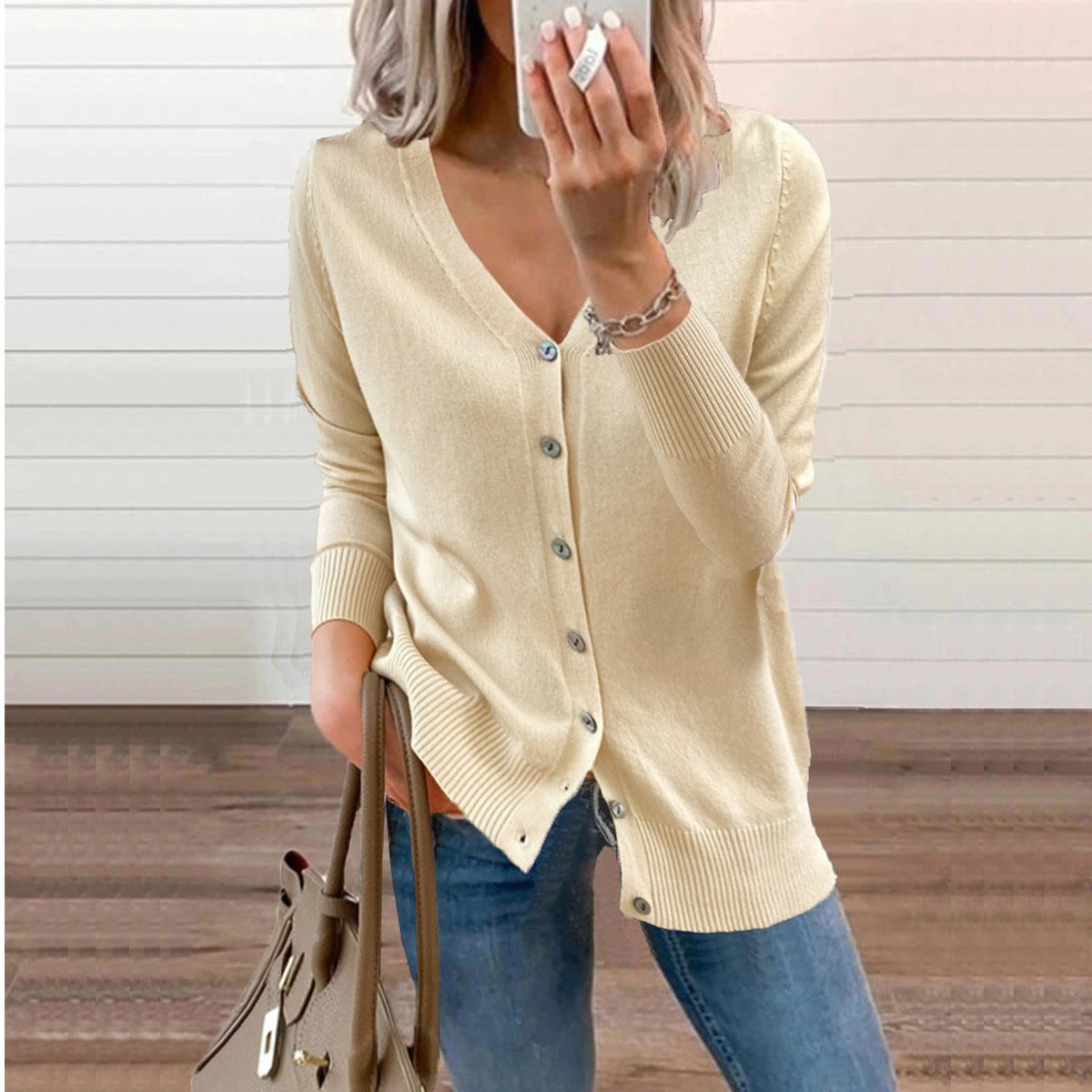 Women's Cardigan V-Neck | Button Front & Ribbed Trim
