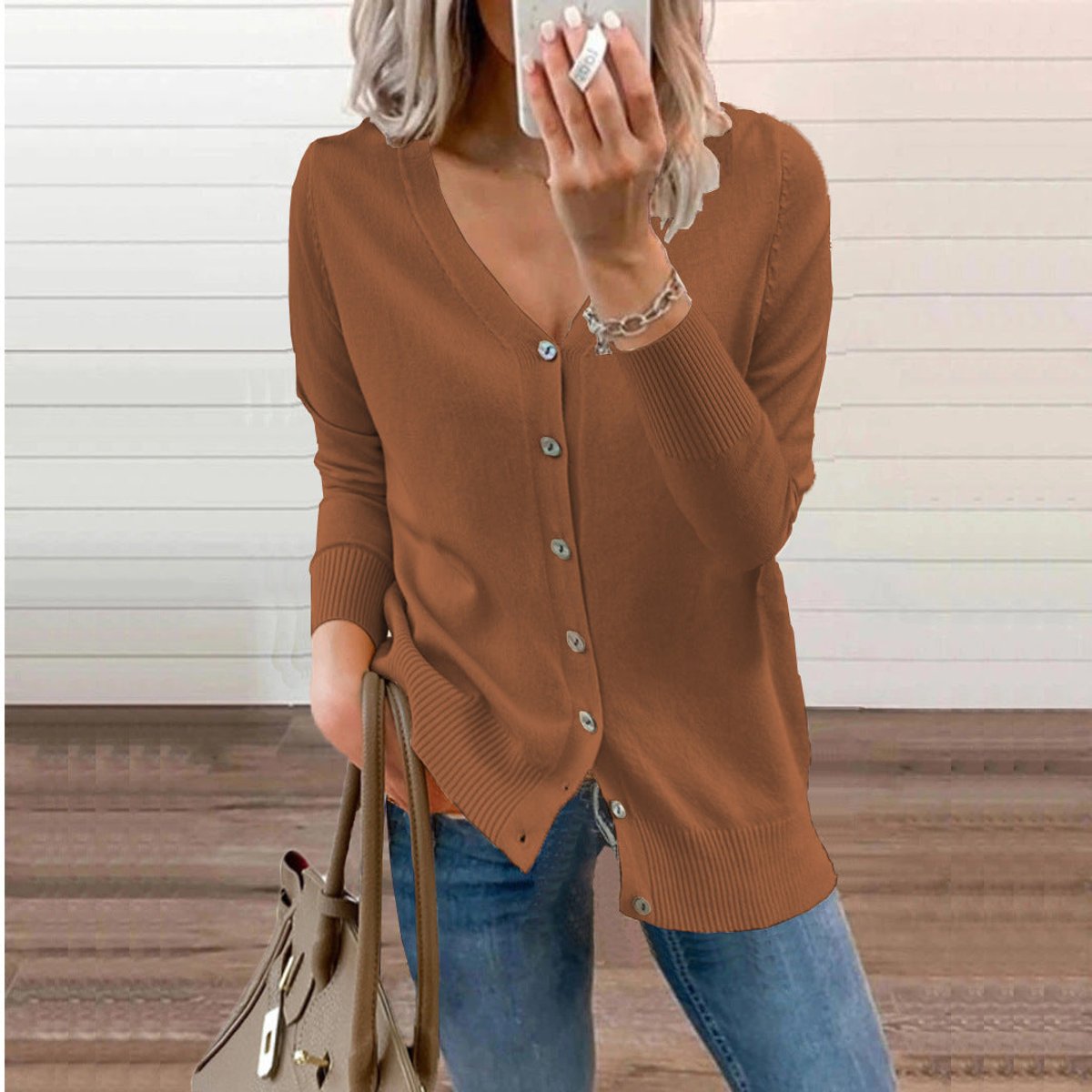 Women's Cardigan V-Neck | Button Front & Ribbed Trim